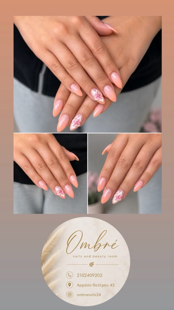 Nail art με λουλούδια σε ροζ ombré