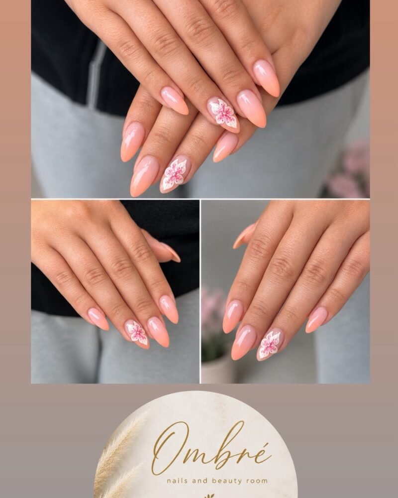 Nail art με λουλούδια σε ροζ ombré